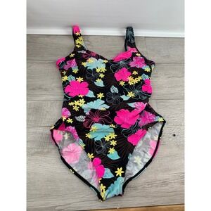 Caribbean Sand Women Floral One Piece Swimsuit Black Pink Tropical Size 16
